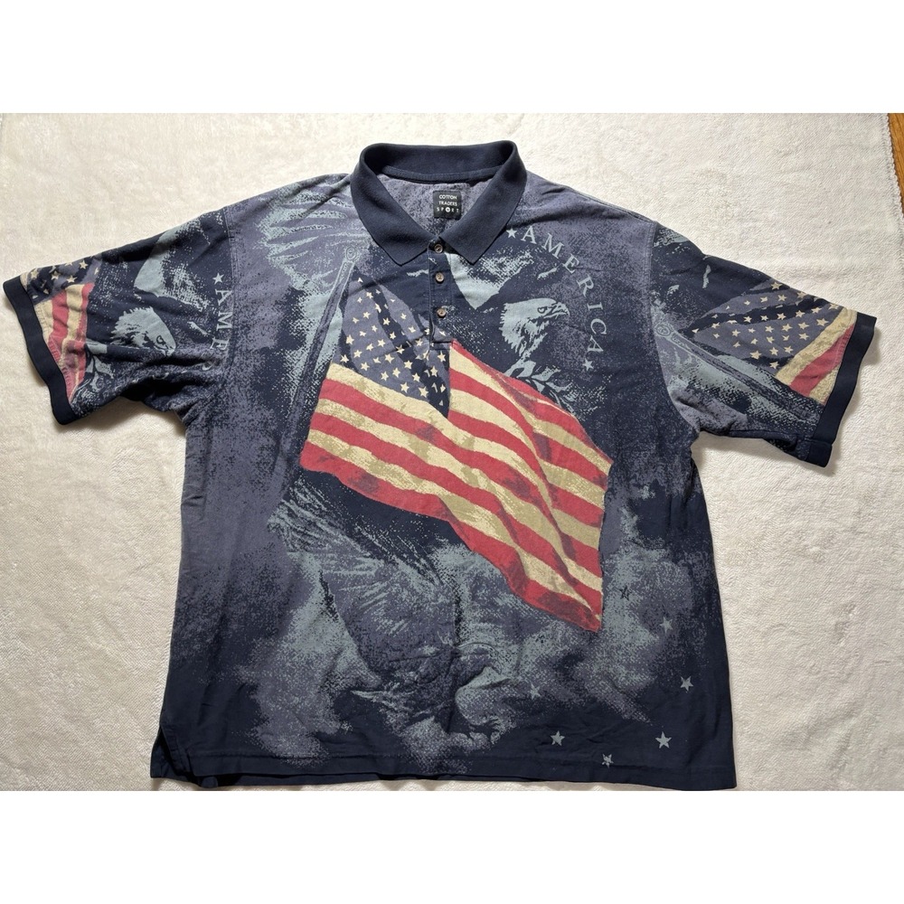 Cotton Traders Polo Shirt Men's XXL American USA Flag Patriotic Eagle Sport Golf